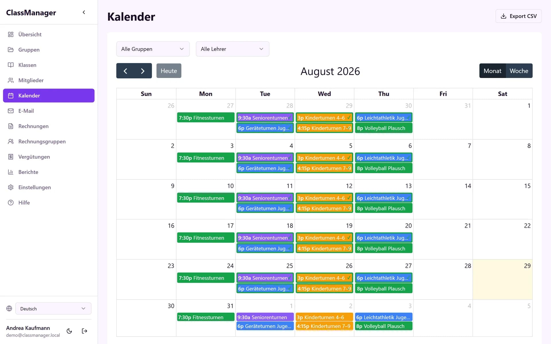 Kalender mit Kursen nach Gruppe