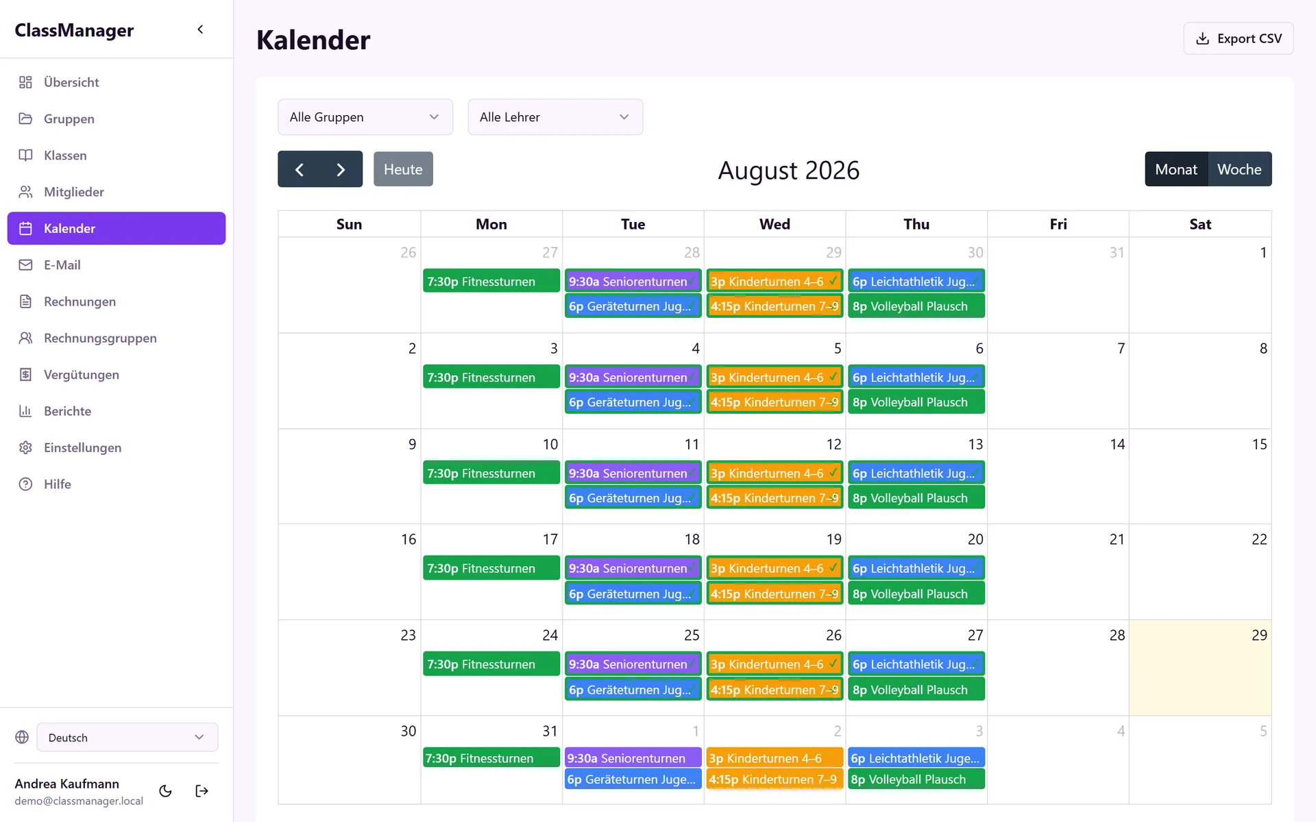 Kalender mit Kursen nach Gruppe